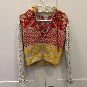BDG Red, Yellow, and Cream Patterned Cowl Sweater